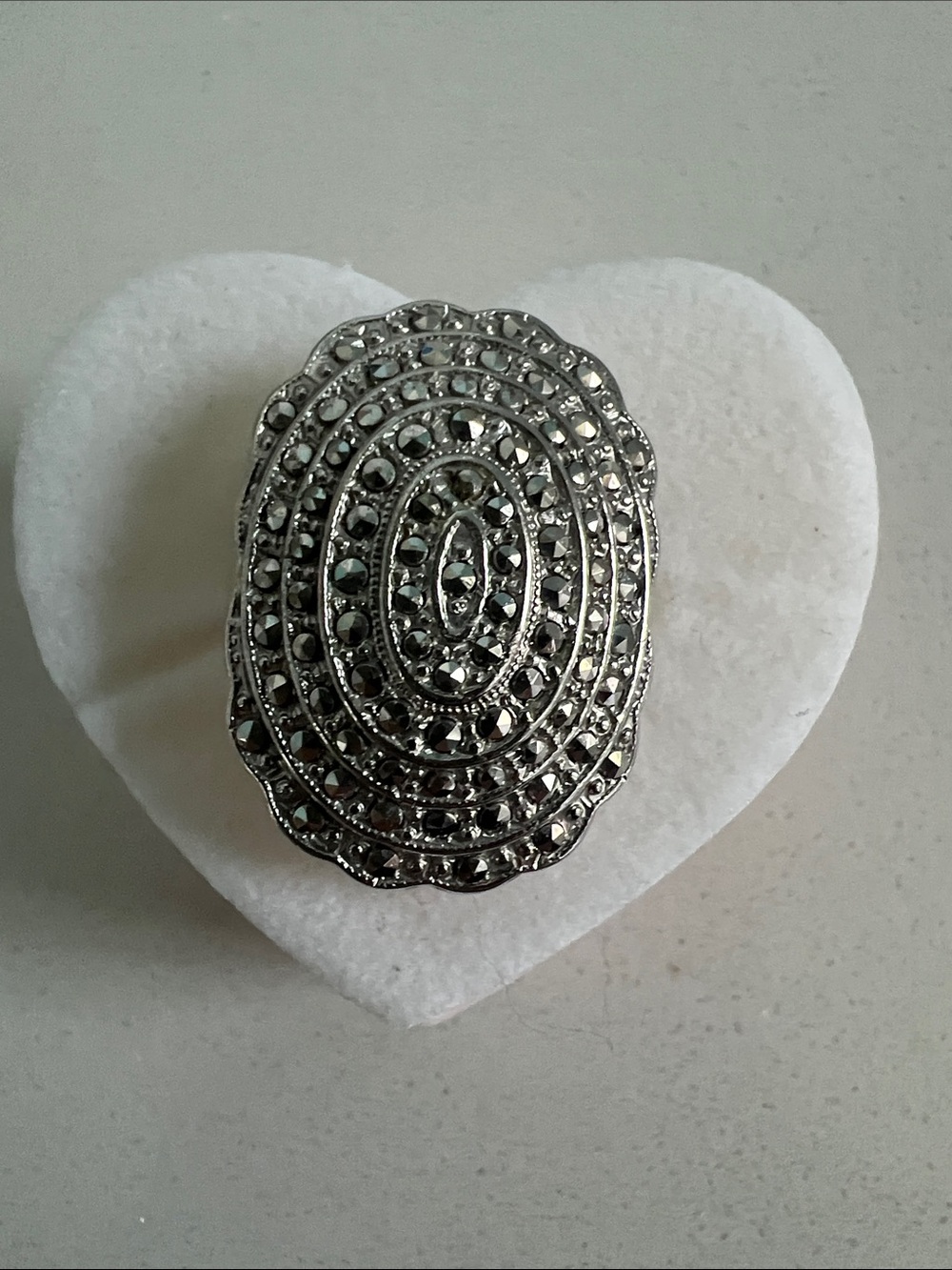 Silver-Tone Marcasite Oval Ring — Sparkling Retro Elegance